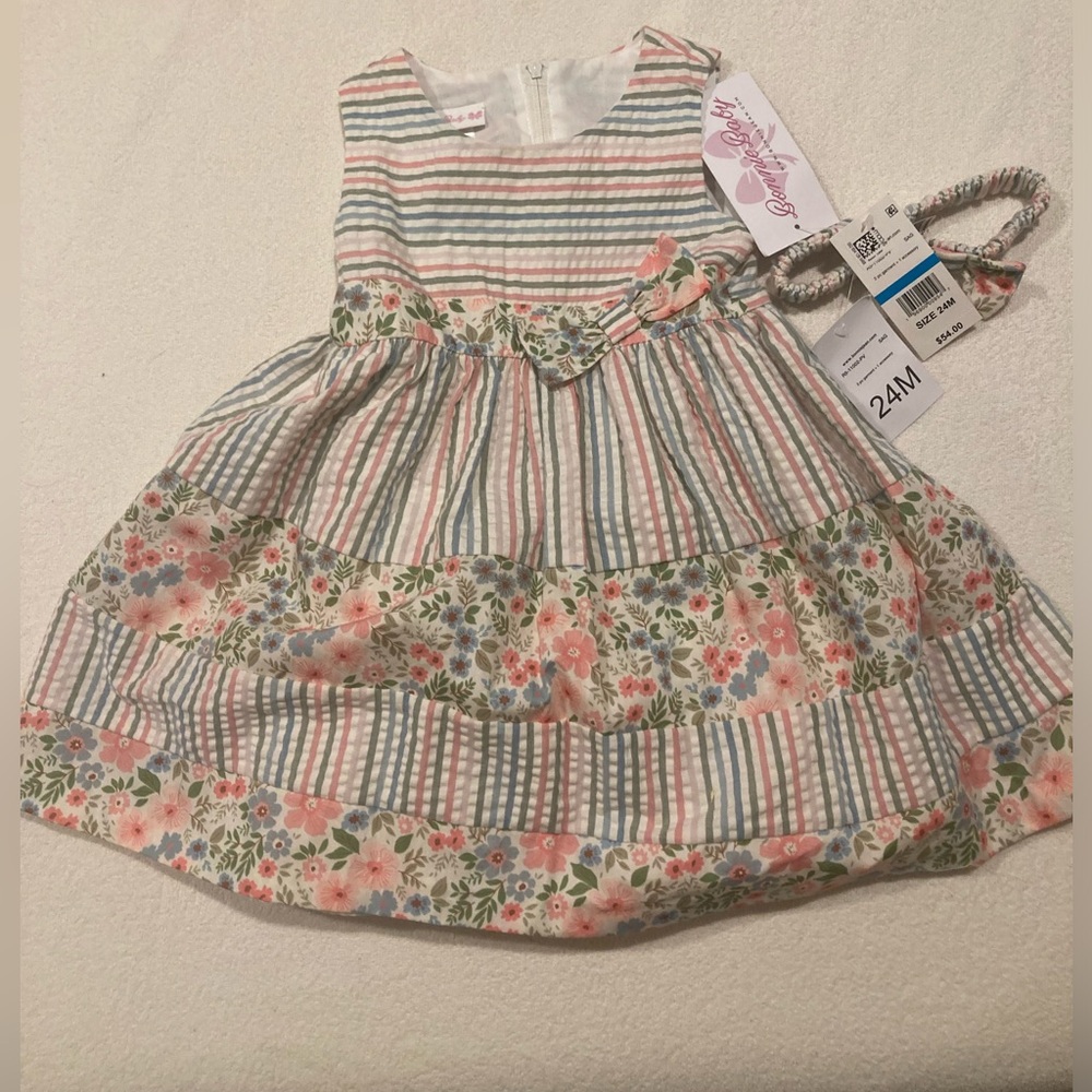 NWT Bonnie Baby Seersucker Floral dress outfit +headband+bottoms 24Months